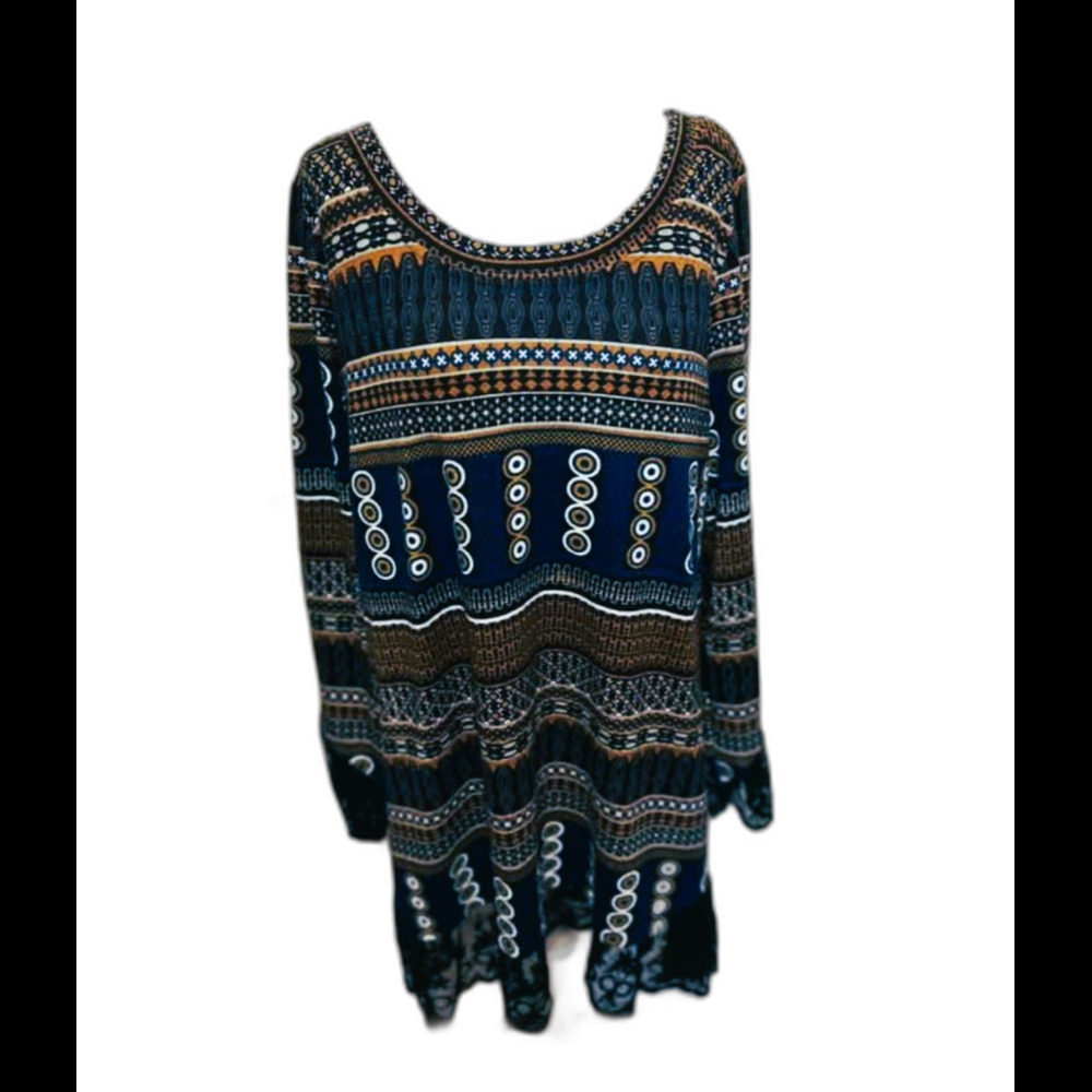 Women's Reborn Blue Brown Print Asymmetrical Hem Dress - Size 1XL